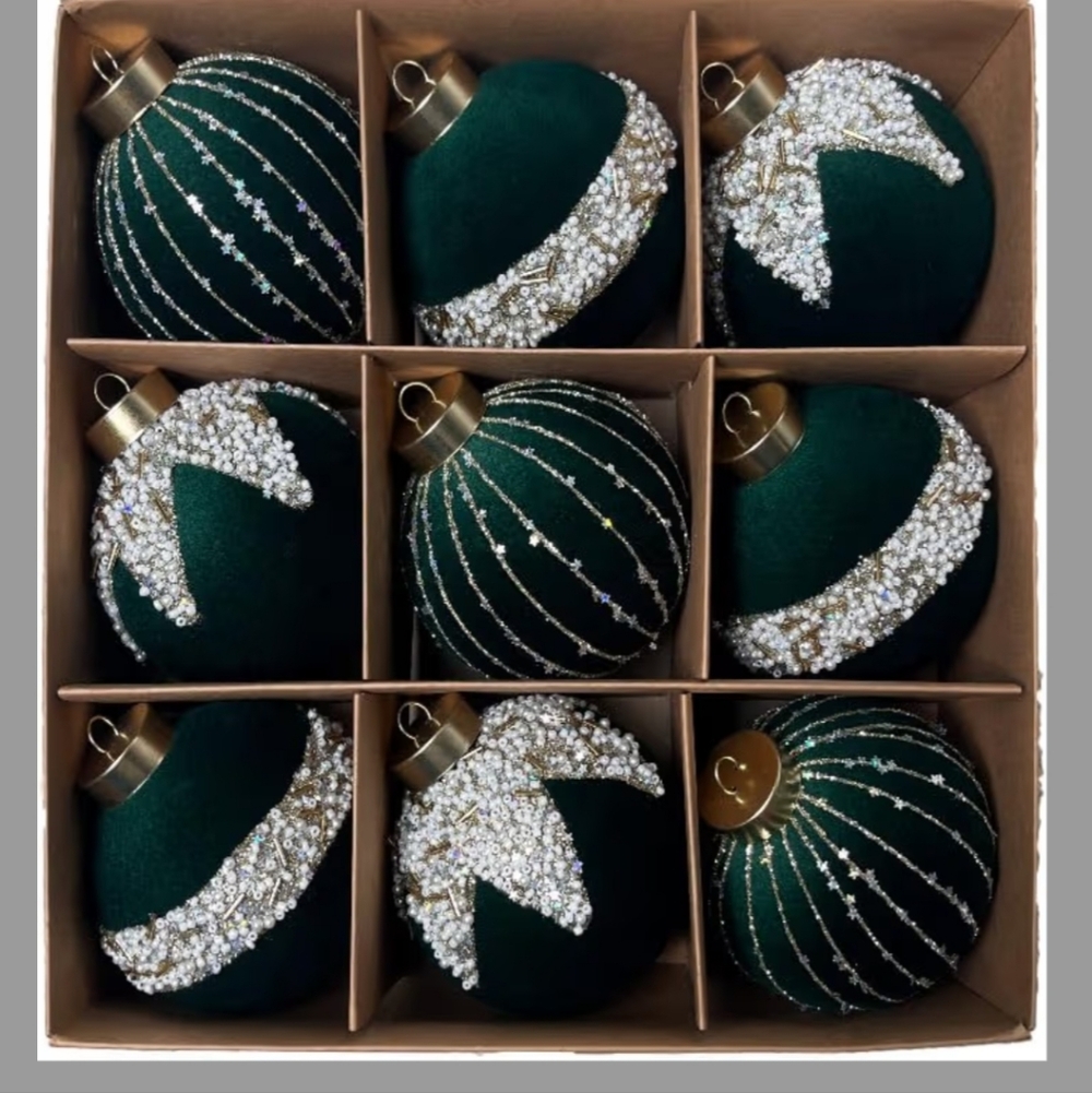 Premium Velvet Emerald Green Christmas Ornament Set -9 Piece 3.15 Inch